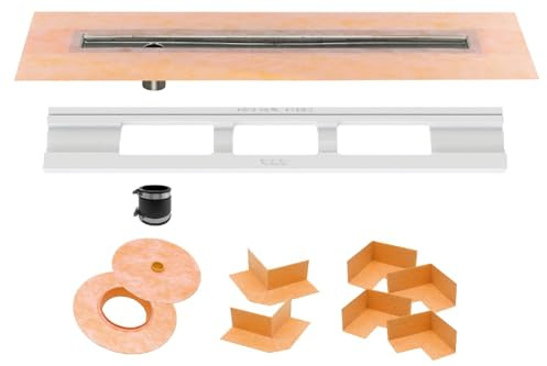 Schluter Kerdi Line Shower Drain with 40 Stainless Steel Channel Body Offset and Waterproof Kerdi Collar - Ideal for Showers & Wet Rooms - Off-Set Outlet Position - KL1VO60E100