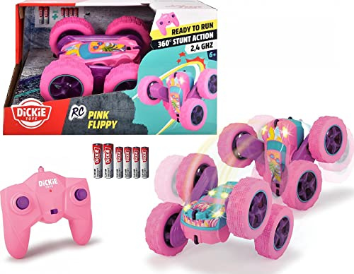 Dickie Toys Pink Drivez RC Candy Flippy, fjärrstyrd leksaksbil, rotations- och flip-funktion, med fjärrkontroll, upp till 8 km/h, för pojkar och flickor, upplyst, från 6 år, 28 cm, rosa/turkos