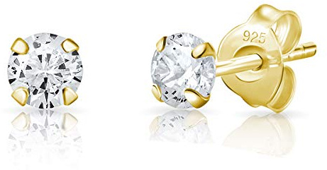 Pendientes Pequeños Oro 24K y Circonitas - Aretes Brillantes Mujer Dorados - Diamante - Diámetro 4 mm
