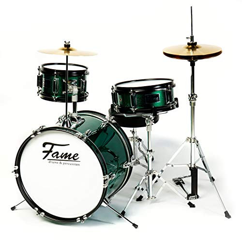 Fame 3 PC Drumset Green, Schlagzeug mit Bass Drum, Tom, Snare, Hardware und Hocker, inklusive Zubehör und Drumsticks