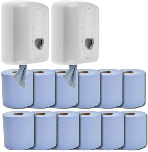 Phoenix 2 Blue Centerfeed Dispensers with 12 Rolls of Blue Center Feed Paper Towel Dispenser
