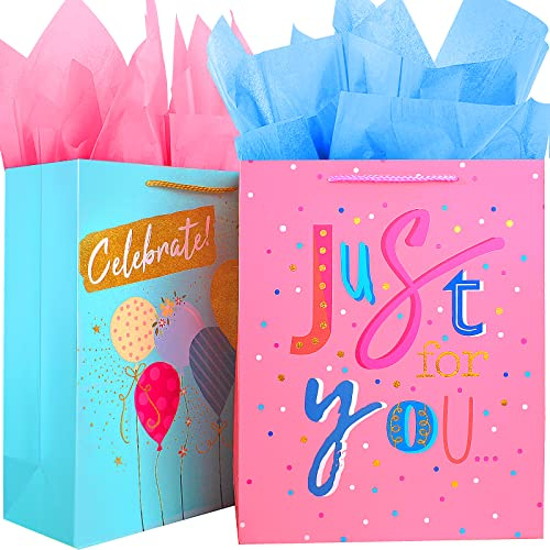 Sacchetti Regalo Grande Set per Sonne Ragazze con Fogli di Carta Velina Fratis, Rosa Teal Sacchetto Regalo di Compleanno con Manici