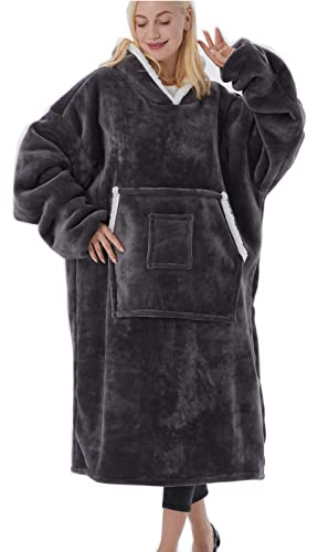 NIULAA Oversized Hoodie Blanket Long with Sleeves, Sherpa Fleece Hooded Blanket Men Velvet Jumper Sweatshirt Grey, Soft Warm Wearable Snuggle Hoodie Gift for Women Adults