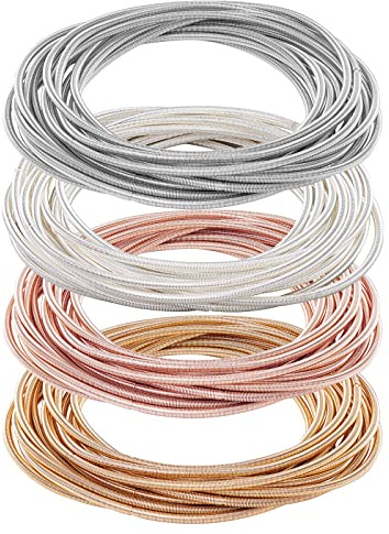 BENECREAT 60 Uds 4 Colores 5.85cm Pulseras de Cuerdas de Guitarra, Rose Glod Platinum Light Gold Silver Pulsera de Alambre de Acero Flexible En Capas