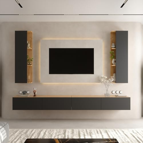 Planetmöbel TV Wohnwand Wohnzimmer 2X 140 cm | Gold Eiche / Anthrazit, mit 2x 40cm Seitenschränken Gold Eiche / Anthrazit