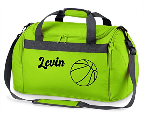 Sporttasche mit Namen Bedruckt für Kinder | Personalisierbar mit Motiv Basketball | Reisetasche Duffle Bag für Mädchen und Jungen Sport (grün)
