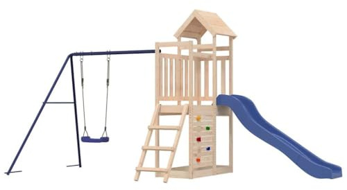 vidaXL Spielturm, Klettergerüst mit Rutsche Schaukel Kletterwand, Kinder Kletterturm mit Holzdach, Spiel-Zubehör für Garten, Holz Spielplatz, Massivholz Kiefer