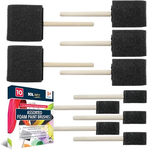 SOL 10pk Assorted Foam Brushes for Painting Sizes 2.5, 5, 7.5cm - Sponge Paint Brushes for Acrylics, Varnishes, Wood Stain, DIY & Crafts, Smooth Application, Durable Lightweight Painting Tools