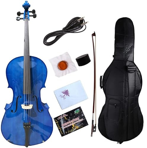 Violoncello elettrico acustico 4/4 in legno massello di acero e abete rosso, raccordi in ebano, suono dolce con arco per borsa per violoncello (blu)