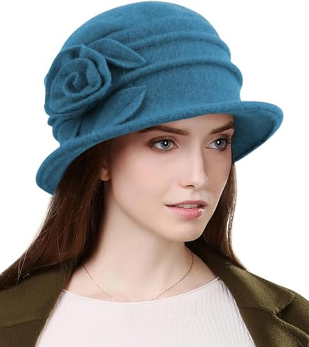 Wantonfy mössa hatt kvinnor basker vintermössor fransk vintage blommig ull klassisk vintermössa fransk keps 1920-talet, Påfågelsblå, one size