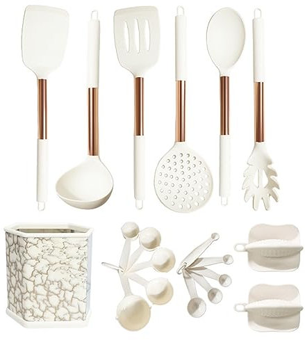 19 Piezas Utensilios De Cocina De Silicona Sin Bpa Antiadherente Y Resistente A Los Arañazos Set Utensilios De Cocina Silicona Frasco De Almacenamiento, Steel Handle,White
