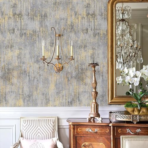 Zeeko Traditional Wallpaper 17.3x236 Textured Distressed Metallic Grey/White/Gold Vintage Concrete Wallpaper Modern Non Woven (Non-Pasted) Industrial Style Need Adhesive