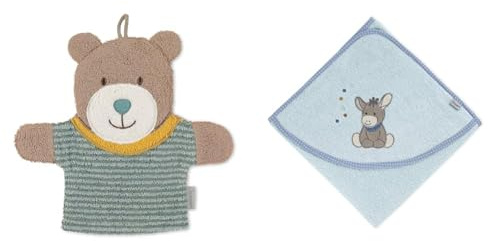 Sterntaler Spiel-Waschhandschuh Bär Ben, Größe: 22 x 24 cm, Mittelgrün & Baby Handtuch Kapuze - Kapuzenhandtuch EMMI - Badeponcho- 100% Baumwolle, schnell trocknend - Badetuch mit Kapuze