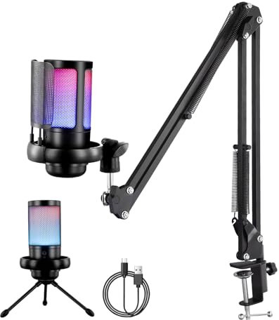 USB Gaming Microphone Kit for PC PS5 PS4, RGB Computer Condenser Microphone with Boom Arm Stand, Quick Mute, Gain Control, RGB Indicator, Streaming Microphones for Podcast, Youtube Titok, Recording