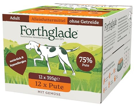 Forthglade Nassfutter für Hunde (12 x 395g Schalen) – getreidefreies Futter mit Pute & Gemüse für ausgewachsene Hunde ab 1 Jahr, hypoallergenes Hundefutter für sensible Hundemägen