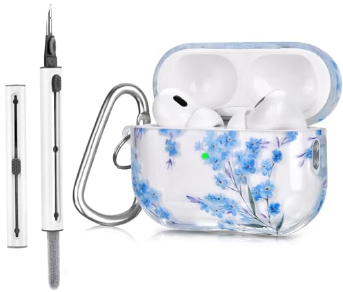 VISOOM Compatible With Airpods Pro 2/Pro Case Cover,Transparent TPU Protective Case for Airpod Pro 2nd/1st Generation(2022/2019)with Carabiner[Support Wireless Charging][Front LED Visible],Blue Flower