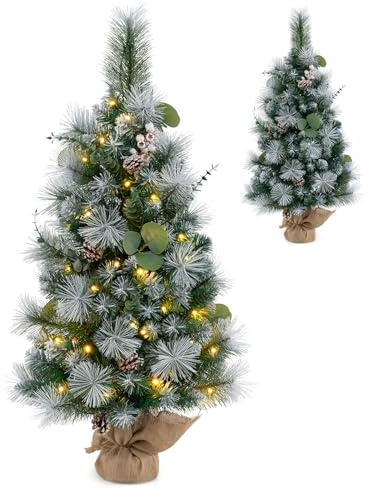 KOMFOTTEU 90 cm Künstlicher Weihnachtsbaum Mini, Christbaum mit Tannenzapfen & 98 Zweigspitzen mit Schnee, Kleiner Tannenbaum mit 30 LED-Lichtern und Zementsockel