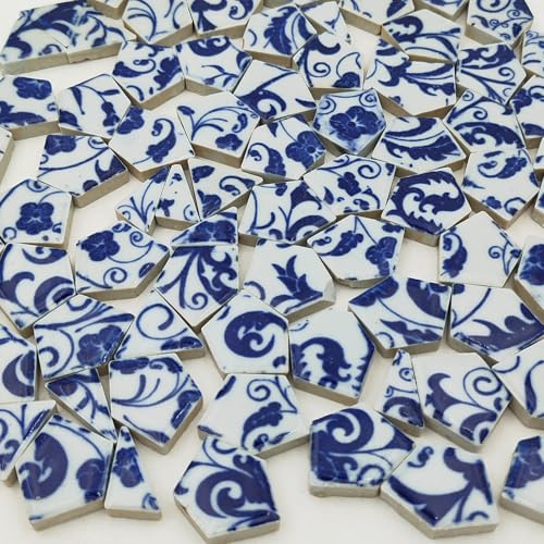 500 g gebrochene Keramik-Porzellan-Mosaikfliesen zum Basteln, unregelmäßige blaue und weiße Porzellan-Mosaikstücke für DIY-Vasen-Mosaikprojekte (Medium 11)