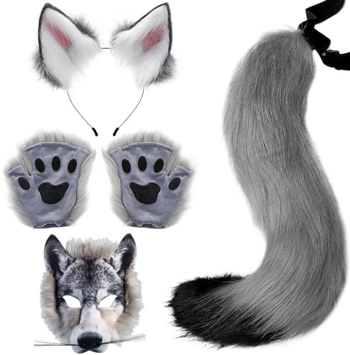 Yaoliucp Wolf Maske mit Wolfspaws & Wolf Ohren und Heckset Realistic Pelry Wolf Kostüm DIY Dekorative Kostüme für Halloween Masquerade Cosplay, Wolf Kostüm