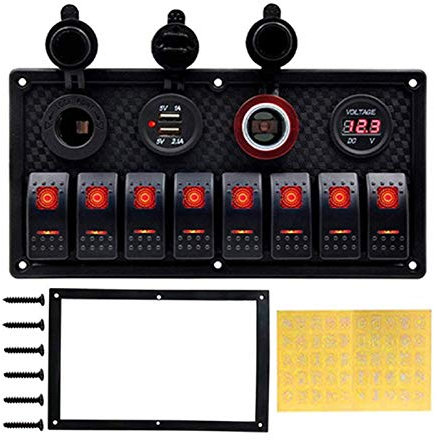 MUEOSI Panneau de Commutation Universel à 8 interrupteurs Marche-arrêt, Accessoires à Bascule, Tension Lumineuse, Chargeur USB, Allume-Cigare, for Camion, Bateau, Voiture Tableau électrique(Rot)