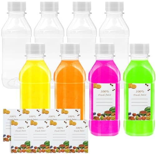 MOSTFUN Kunststoff-Saftflaschen, quadratische Schnapsflaschen mit Deckel, klare PET-Getränkeflaschen mit Obst-Etikett, auslaufsichere Trinkflaschen für Saft, Milch, Smoothie, Wasser, 8 Stück