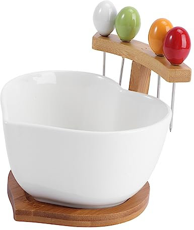 Amosfun Elegante Ciotola per Insalata di Frutta in Ceramica Fatta A Mano con Supporto Mobile E Forchette Incluse per Le Feste