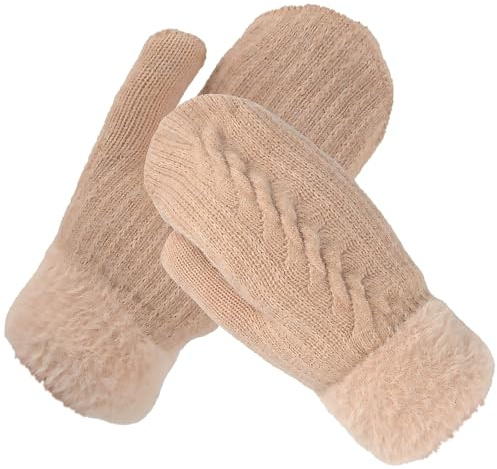 MUNSKT Moufles pour femmes, Moufles ajustables avec rabat pour femmes, Mitaines d’hiver thermiques en tricot doublées de polaire épaisse pour femmes sans doigts, beige, taille unique
