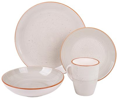 Cofan Vajilla de cerámica pintada a mano en color beige | Set de 16 piezas | Apta para lavavajillas, microondas y horno