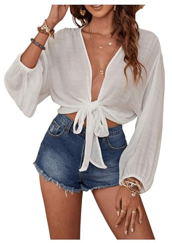GORGLITTER Kimono damblus, sommar, strandskydd, överdel, transparent, långärmad blus, lätt blustopp, sommarskjorta med knutar, Vit, S