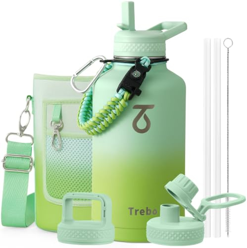 Trinkflasche Edelstahl, Trebo Thermosflasche mit Strohhalm mit Paracord-Griff & 3 Deckeln, Edelstahl Flasche Breites Maul Große Sportflasche Kalt halten 48 Stunden Wasserflasche, 1893 ml, Dunkelgrün