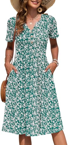 AUSELILY Women's Summer Short Sleeve V Neck Midi Dresses Button Knee Length Causal Dress with Pockets Green Flower L