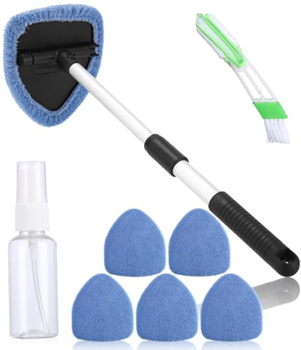 Auto Scheibenreiniger mit 6 Mikrofaserpads und Sprühflaschen,Auto Fensterwischer Kit,autoscheiben innenreiniger mit Ausziehbarer Griff,Reinigungswerkzeug für Windschutzscheibe ,180 drehbar,hellblau
