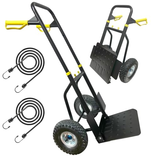 Hand Truck Trolley Foldable with 2x Big Industrial Wheels Heavy-Duty Height-Adjustable Hand Truck with High-Traction Quiet Wheels, 160kg Load Capacity (Includes 2 Elastic Straps)