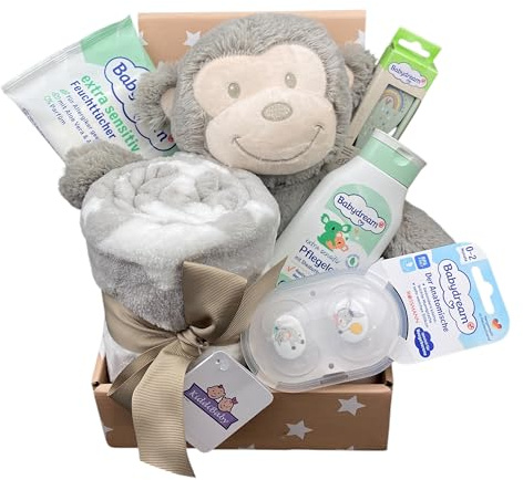 Babyparty GeschenkSet AFFE Set S, Babydecke, Bürste und Kamm, Grau/Weiss | Geburts, mit Personalisierung, Name, Plüsch Stofftier, weitere Extras, Geschenk zur Taufe, Geburt