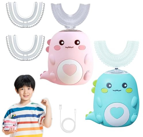 Elektrische U-FöRmige KinderzahnbüRste, Elektrische ZahnbüRste Kinder, Automatische ZahnbüRste 360, Usb-Ladung, FüR 2-6 & 6-12 Jahre ZahnbüRste Baby (Rosa/Grün+2 Ersatzkopf,2–6 Jahre)