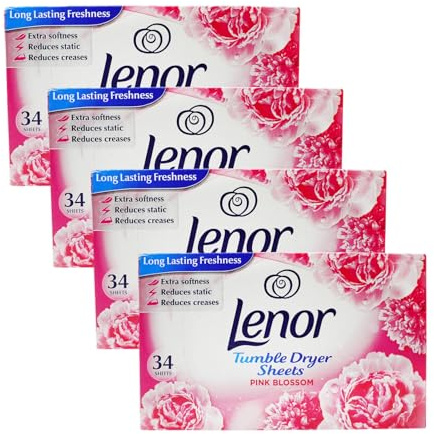 Lenor PINK BLOSSOM Dryer Sheets (4 Pack – 34 Sheets Each, Total 136) – Uplifting Floral Scent, Softness & Static Reduction