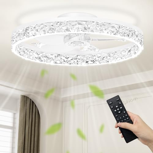 CHINLY 50CM LED Ceiling Fan with Lights, Flush Mount Ceiling Fans w/APP Remote,3000K/4500K/6000K Stepless Dimmable Low Profile Ceiling Fan, 6 Speeds Ceiling Fan Light for Bedroom Living Room（White）