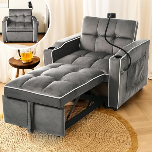 ZONJIE Schlafsofa mit Ausziehfunktion, 3-in-1-Schlafsofa mit 2 Getränkehaltern und Handyhalterung, Schlafsofa, Sessel, ideal für kleine Räume, 83 x 167 x 76 cm (Grey)