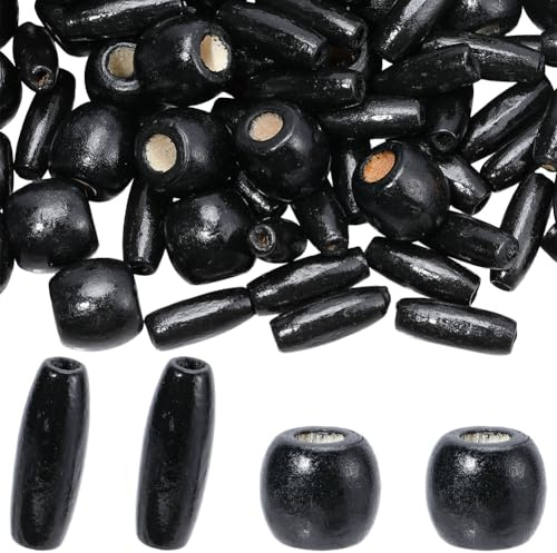 PONABEADIY 2 Styles 200PCS Natural Black Wooden Beads with Hole Oval Barrel Wood Handmade Dyed Macrame European Charms Loose Bead for Jewellery making bracelets necklaces hair beard diy crafts supply