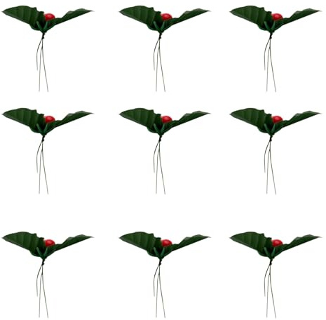 TOPBATHY 50 Pezzi di Bacche di Agrifoglio Artificiali Rosse da 7 CM con Foglie Verdi Rami Decorativi per Ghirlande Natalizie Fai da Te Riempitivi per Vasi e Centrotavola Festivi