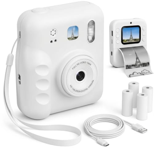 happyimpress Appareil Photo Instantané Enfant, 2'' Écran HD Impression Immédiate sans Encre avec 4 Rouleaux d'impression Jeux Intégrés et Dessins Cadeau Enfants & Ados 3 à 12 Ans (Blanc)