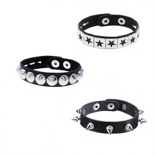 Pulseras punk góticas ajustables para hombre y mujer, set de 3 unidades en cuero sintético con tachuelas, estilo rockero retro para conciertos, cosplay, fiestas temáticas y uso diario, longitud 2