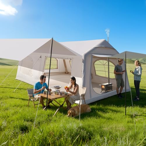 Aufblasbare Zelte für Camping, Großes aufblasbares Zelt mit Handpumpe, Einfach aufzubauendes Familienzelt für 4 Jahreszeiten, wasserdichte Oxford Air Glamping-Zelte für10/12 Personen (Zeltplane)