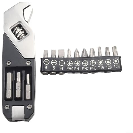 Llave ajustable multiusos con juego de 10 puntas diseñada para tornillos Torx ranurados y de cabeza cruzada en entornos al aire libre