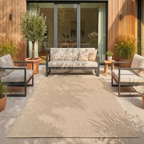 SIMPEX Outdoor Teppich Beige 120x160 cm Balkon Terrasse Garten Wetterfest UV-beständig Mittel Einfarbig Flachgewebe Pflegeleicht Robust Modern