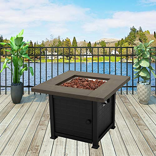 LOKATSE HOME Mesa de fogata de gas propano de 34 pulgadas para patio exterior cuadrado con cubierta de acero, certificación CSA, chimenea de encendido automático para exteriores, color negro