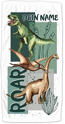 GRAZDesign Dinosaurier Kinder Handtuch mit Namen Badetuch für Jungen von 2-10 Jahren Strand-Tuch 140x70cm Dinos