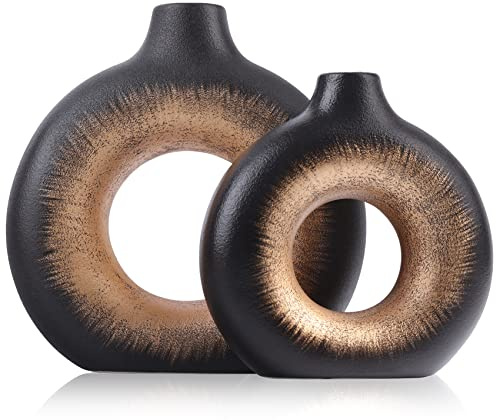 Schwarz-goldene Keramikvase, 2er-Set – runde, Hohle Donut-Vase, perfekt für Heimdekoration, Wohnzimmer – Boho-Stil, minimalistisches und modernes Dekor – wasserfeste, Matte Oberfläche