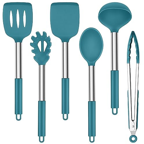 Herogo Juego de 6 utensilios de cocina de silicona, con mango de acero inoxidable, resistente al calor y antiadherente, espátula de silicona, color azul