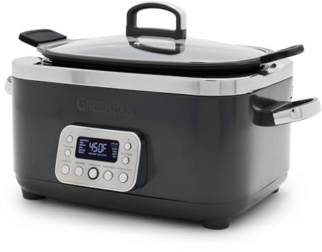 GreenPan Elite 14-in-1 Nonstick 6QT Electric Slow Cooker, PFAS-Free Ceramic Multi-Cooker, In-Pot Browning, Dishwasher Safe Lid & Removable Crock, Stainless Steel Steamer, Silicone Handles, Graphite